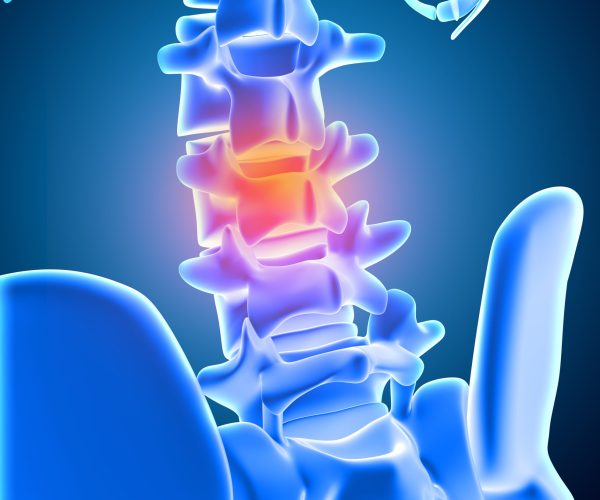 3D render of a medical background of skeleton with lower spine highlighted