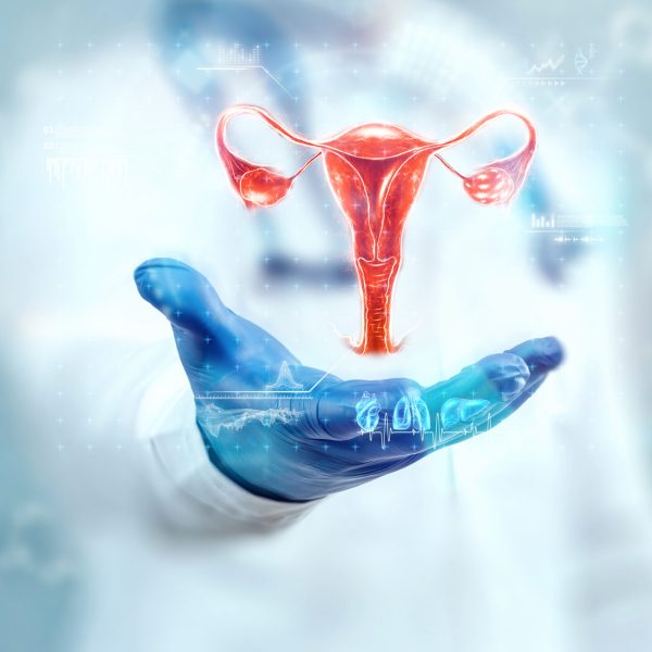 The doctor looks at the hologram of the female uterus, checks the test result. Ovarian disease, ectopic pregnancy, painful periods, surgery, innovative technologies, medicine of the future